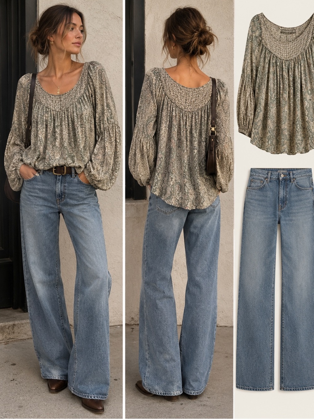 100% Silk Zara Sage Green Grey Paisley Peasant Blouse